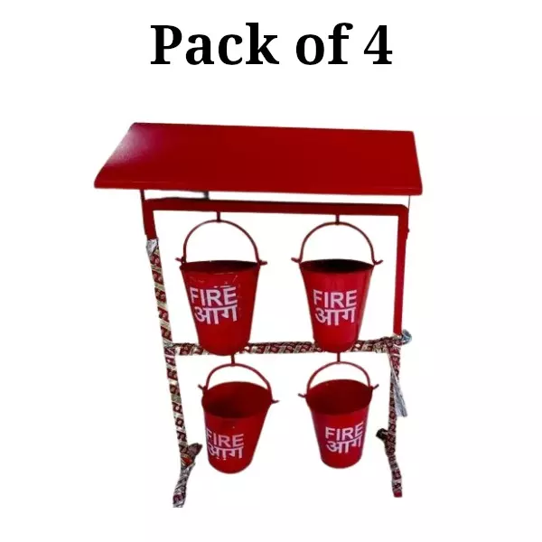 Safetymust 5 Kg Each 4 Pcs Fire Bucket With Stand and Hood Red Color Mild Steel Body for Safety Purpose (Pack of 4)