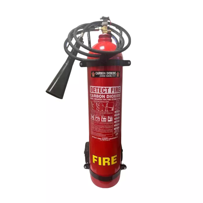 Detect Fire 45 Kg Fire Extinguisher with Trolly Mounted CO² Gas Mild Steel Red