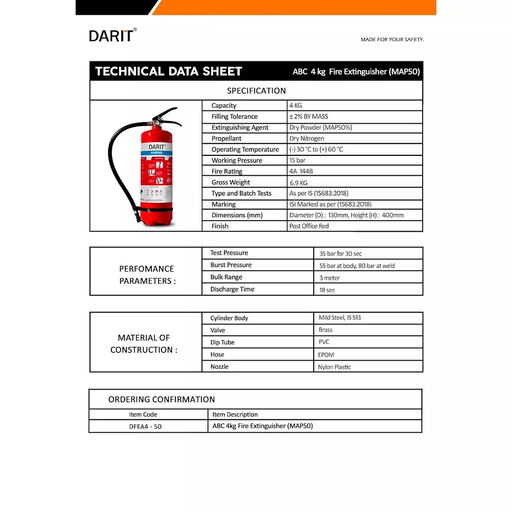 Darit ABC Dry Powder Fire Extinguisher 4 Kg, DFARQ-4-50%