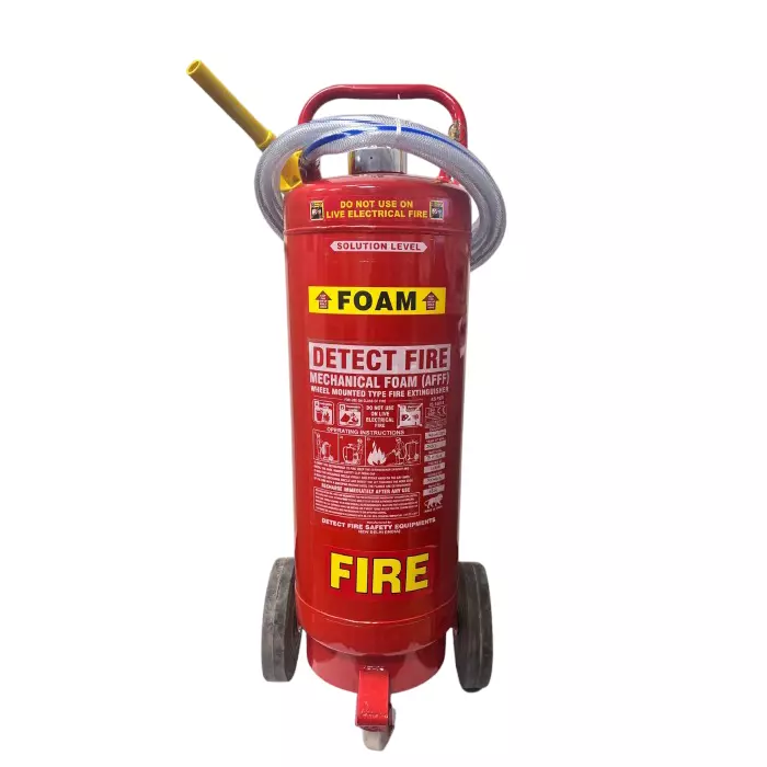 Detect Fire 45 Kg Mechanical Foam Fire Extinguisher with Trolly Cartage Type AFFF Compound (3% & 6%) Mild Steel Red