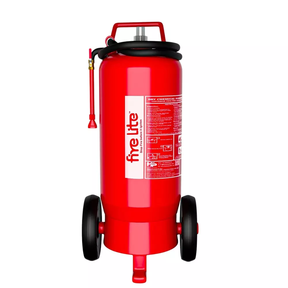 FIRE LITE 50 kg DCP Powder Fire Extinguisher with Wheel Mount Outside CO² Type Red, FE14