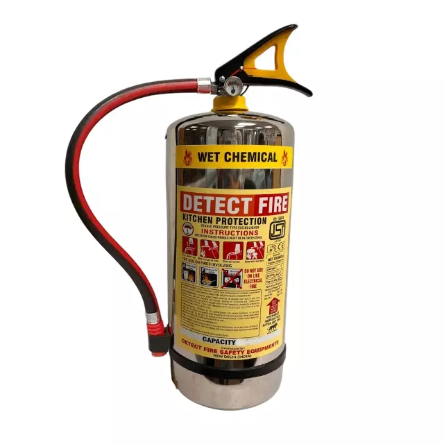 DETECT FIRE 9 Kg Fire Extinguisher Kitchen Type Wet Chemical Squeeze Grip Stainless Steel Body Chrome