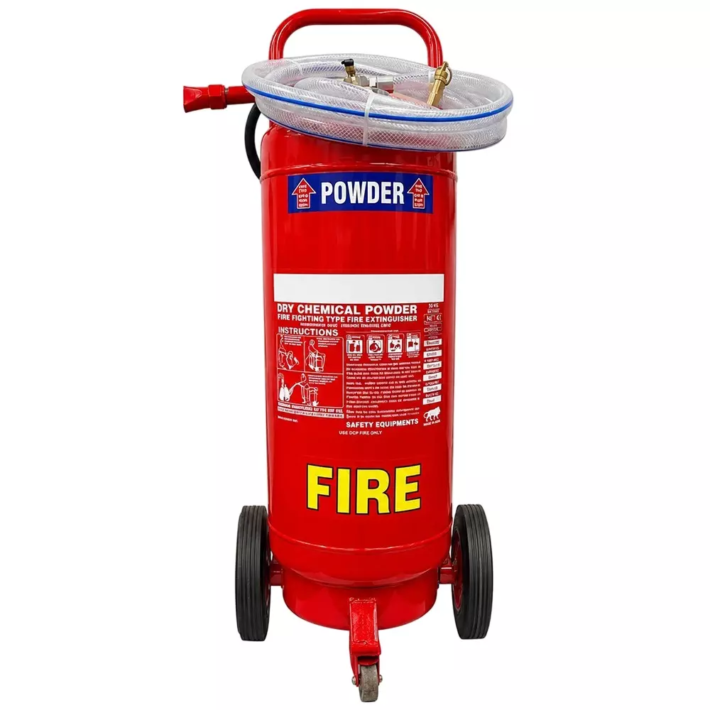 Attack Fire Stored Pressure Type ABC/DCP Fire Extinguisher Trolley Mounted Iron 25 Kg Capacity Red for Home, Office, Shop, Warehouse, And Industrial Areas