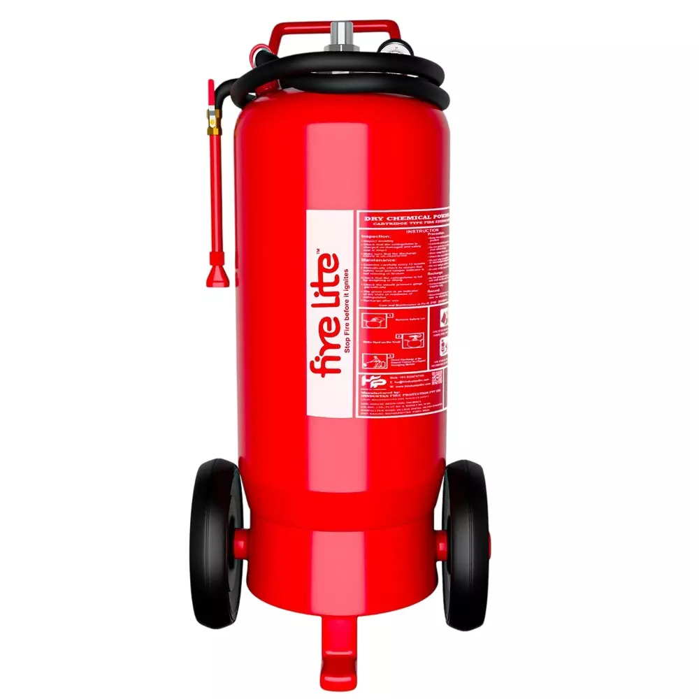 FIRE LITE 75 kg DCP Powder Fire Extinguisher with Wheel Mount Outside CO² Type Red, FE15