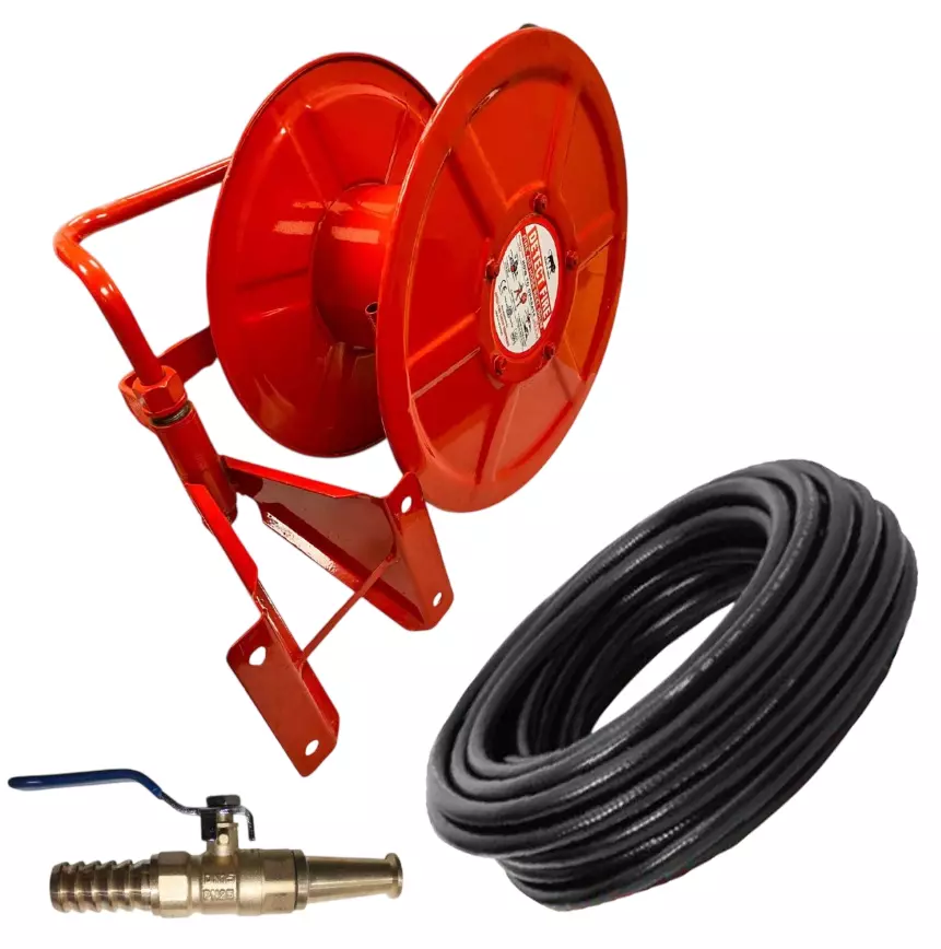 DETECT FIRE Bombay First-Aid Hose Reel Drum Inlet 20 mm Swinging (180° Wall Mounting) M.S. Sheet Red with Pipe and Brass Nozzle