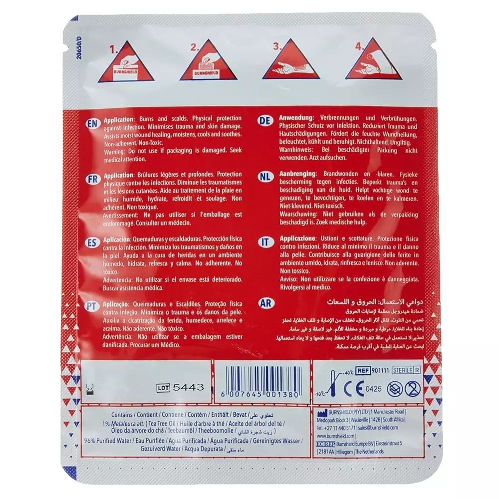 Burnshield Emergency Burncare Dressing Sterile Trauma Hydrogel with Natural Tea-Tree Oil 4x4 inch (Pack of 20 Pcs)
