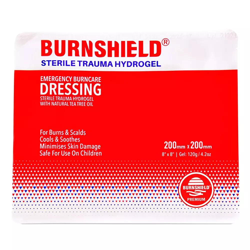 Burnshield Emergency Burncare Dressing Sterile Trauma Hydrogel with Natural Tea-Tree Oil 8x8 inch (Pack of 5 Pcs)
