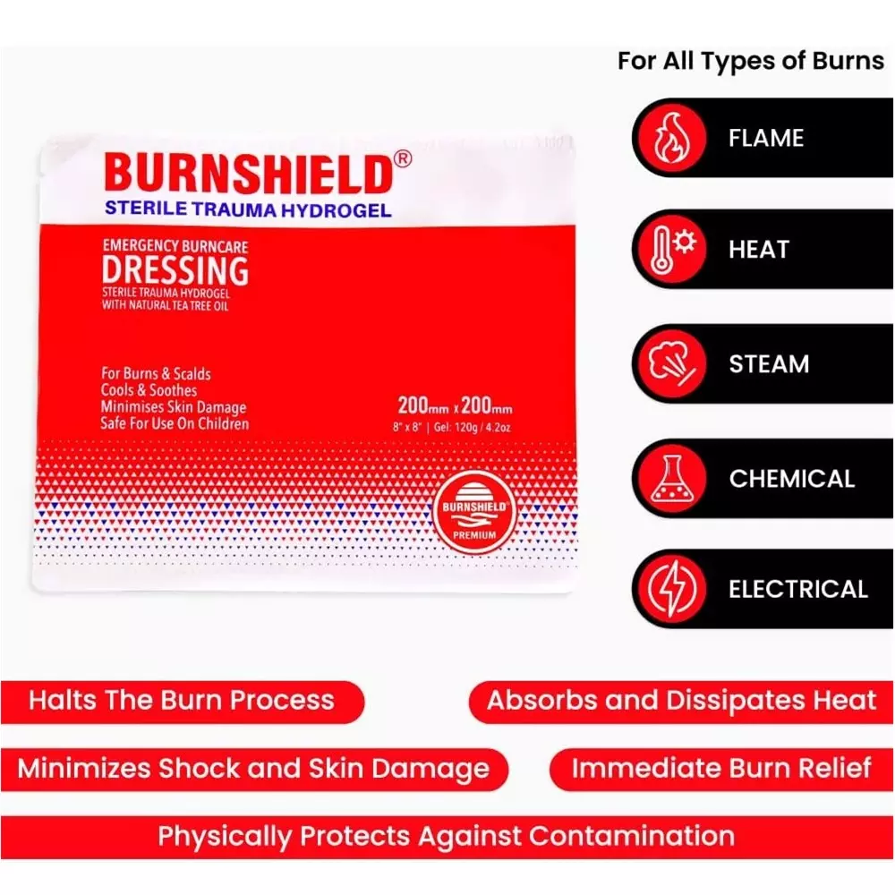 Burnshield Emergency Burncare Dressing Sterile Trauma Hydrogel with Natural Tea-Tree Oil 8x8 inch (Pack of 5 Pcs)