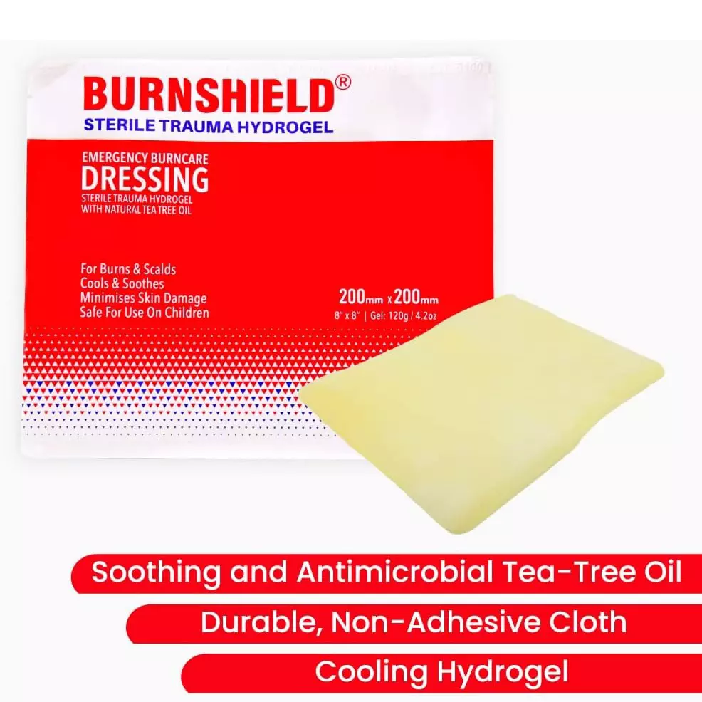 Burnshield Emergency Burncare Dressing Sterile Trauma Hydrogel with Natural Tea-Tree Oil 8x8 inch (Pack of 5 Pcs)