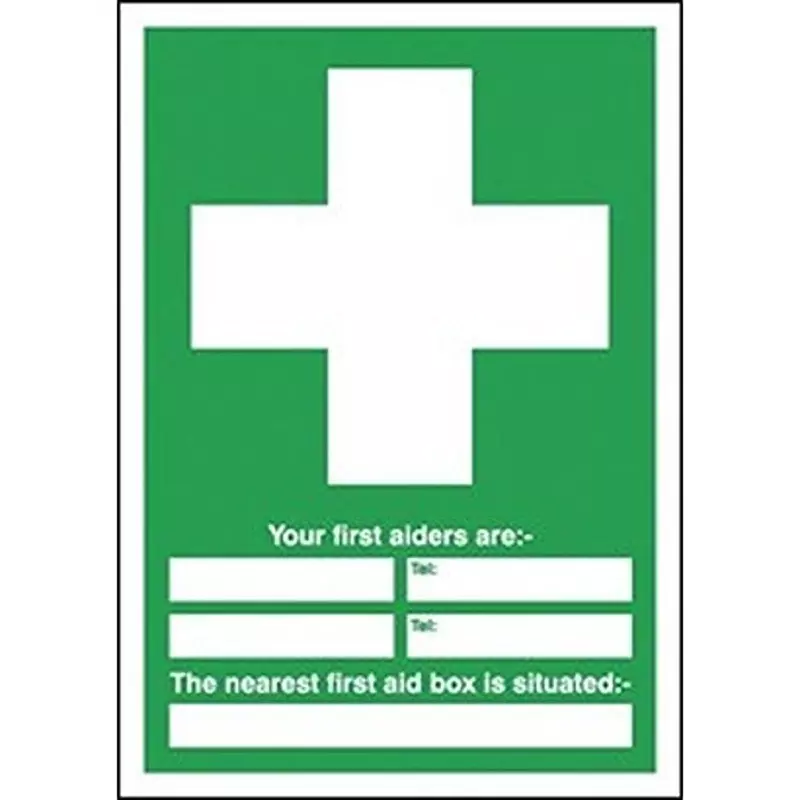 RS PRO First Aid Sign Your First Aiders Are, Your Nearest First Aid Box Green, White Polyester Self Adhesive, 146457