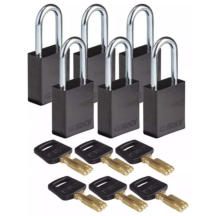 BRADY Lockout Padlock with 6 Keys Aluminum Black, 55JY45 (Set of 6 Pcs)