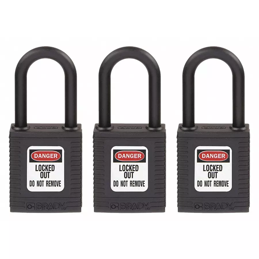 BRADY Lockout Padlock with 3 Keys Nylon Black, 39N239 (Set of 3 Pcs)