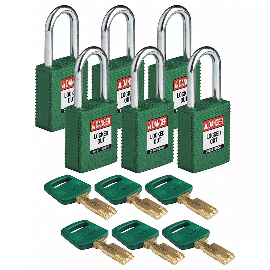 BRADY Lockout Padlock with 6 Keys Nylon Green, 55JX70 (Set of 6 Pcs)