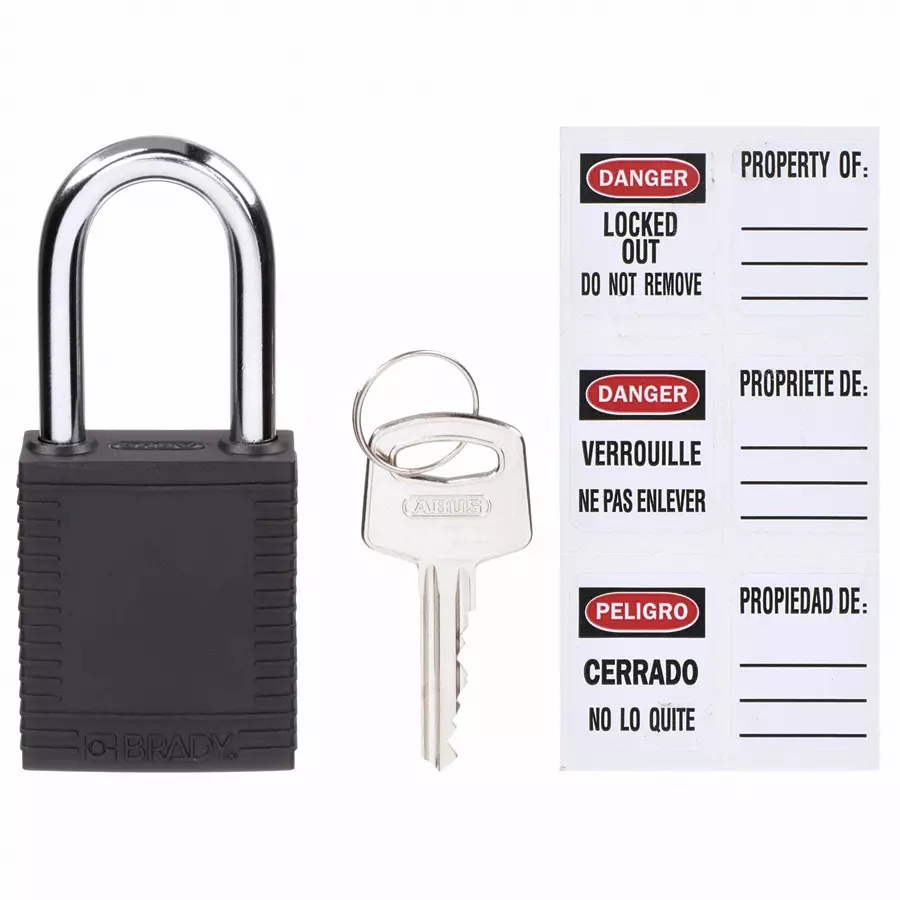 BRADY Lockout Padlock Keyed Alike Nylon Std Body Size Hardened Steel Std Black, 39N166