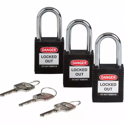 BRADY Lockout Padlock Keyed Alike Nylon Std Body Size Hardened Steel Std Black, 39N166