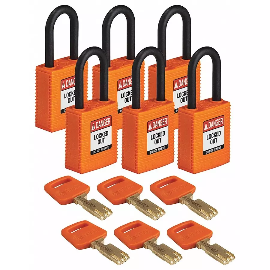 BRADY Lockout Padlock with 6 Keys Nylon Orange, 55JY01 (Set of 6 Pcs)