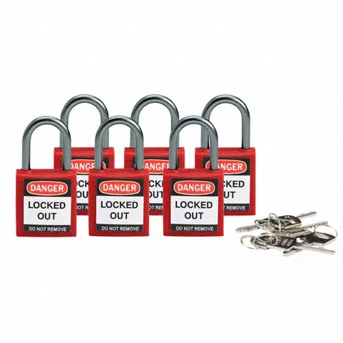 BRADY Lockout Padlock Keyed Different Nylon Compact Body Size Aluminum Std Red, 39N188