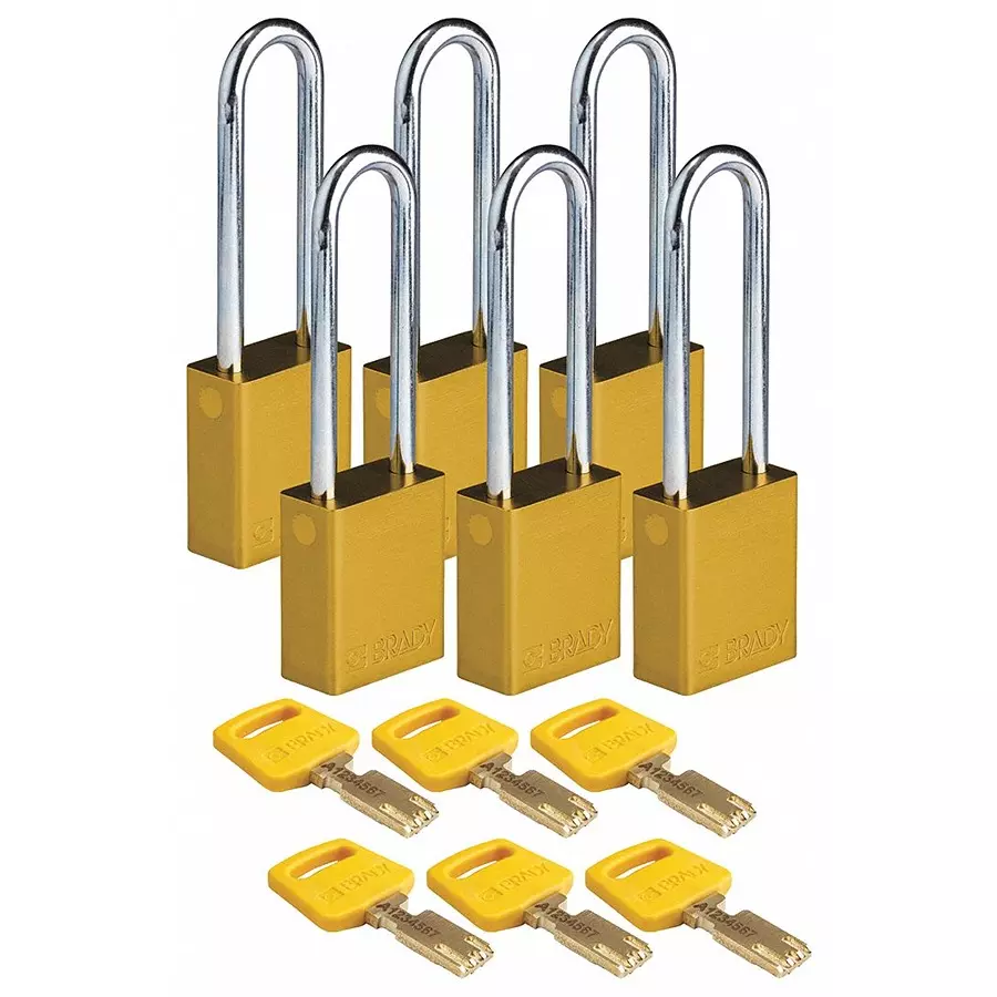 BRADY Lockout Padlock with 6 Keys Aluminum Yellow, 55JZ15 (Set of 6 Pcs)