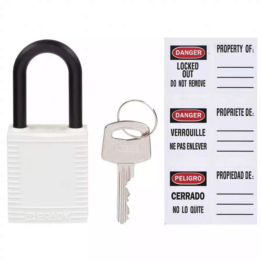 BRADY Lockout Padlock with 1 Key Nylon White, 39N224 (Set of 3 Pcs)