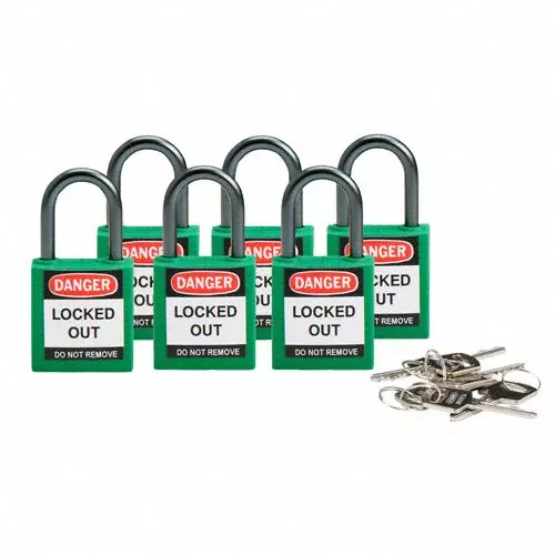 BRADY Lockout Padlock Keyed Different Nylon Compact Body Size Aluminum Std Green, 39N191