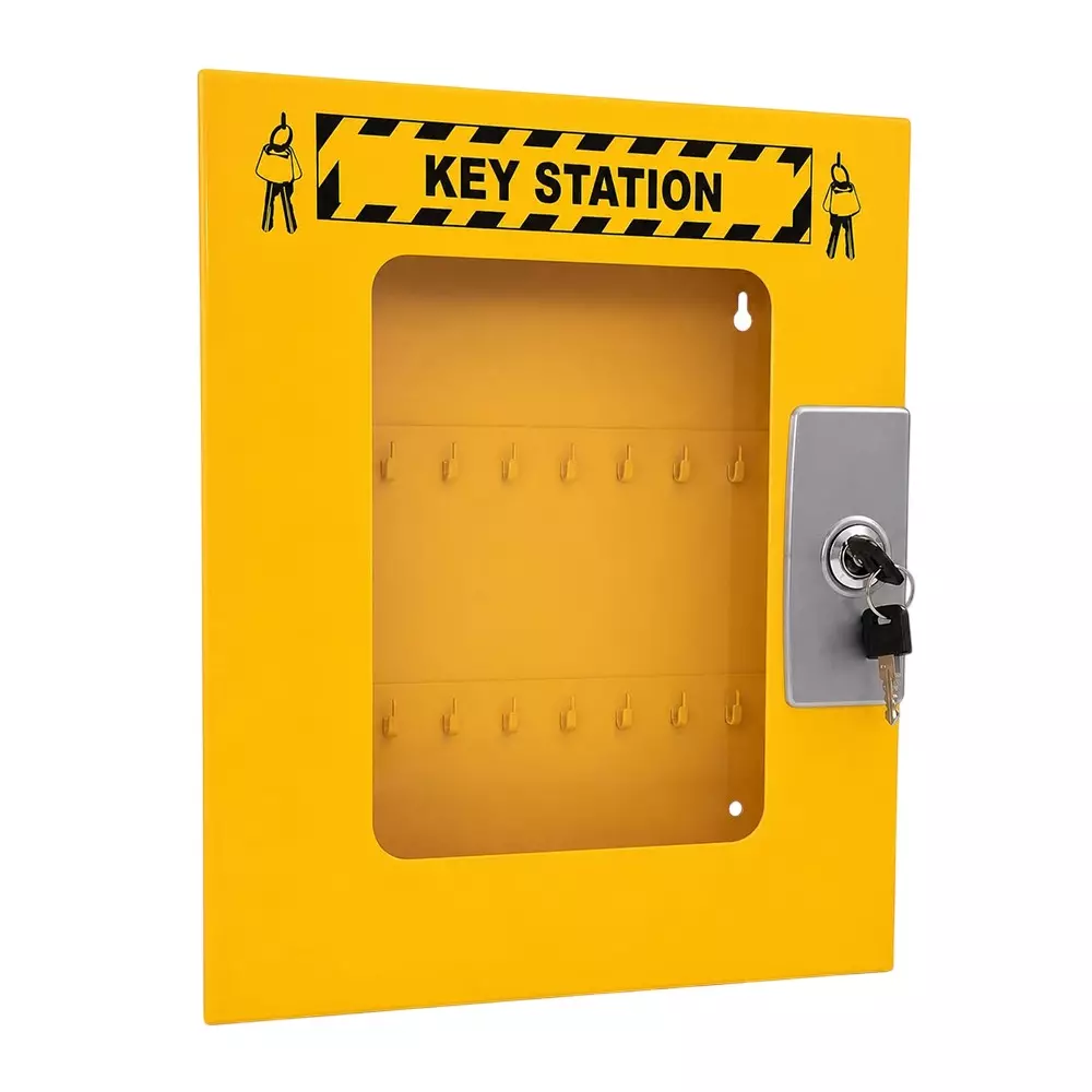 GENERIC Key Station Cabinet with Acrylic Window 30 Key Hooks (3 Rows x 10 Hooks) Wall Mounted Flat Panel 33.2x26.67x5.08 cm Metal Yellow for Industrial Use