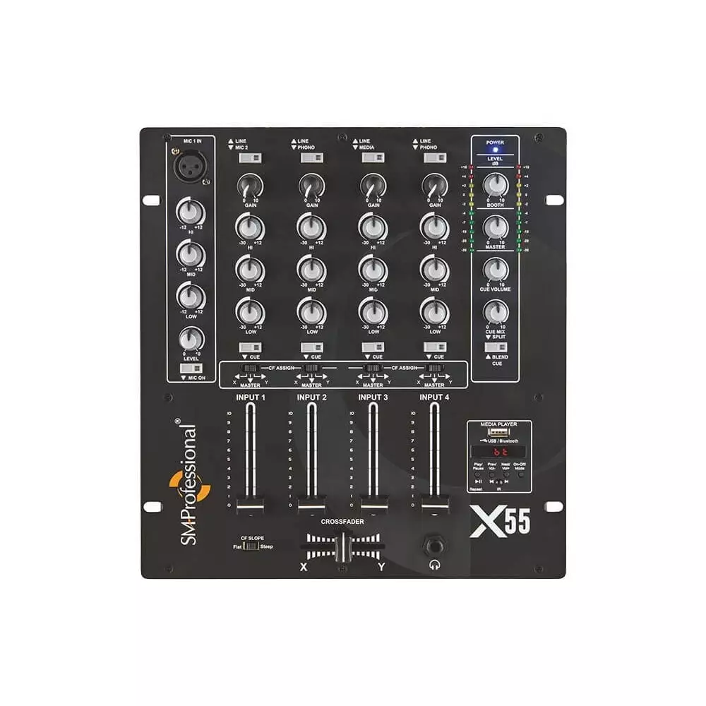 Studiomaster Sound DJ Mixer 27.7x30x10 cm 20 Hz - 22 kHz Bluetooth & USB 3-Band Kill EQ (-30 dB) with Gain Control per Channel for Party & Clubs Use, X-55