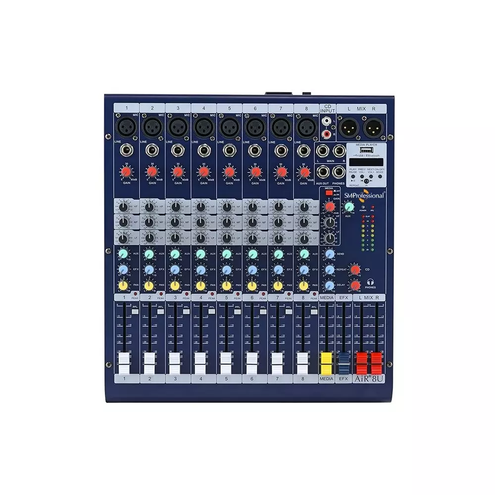 Studiomaster Sound DJ Mixer 33.4x30.7x10.7 cm 20 Hz - 20 kHz Bluetooth & USB 8 Channel 3-Band EQ per Channel with PFL (Cue) Control for Party & Clubs Use, AiR 8U