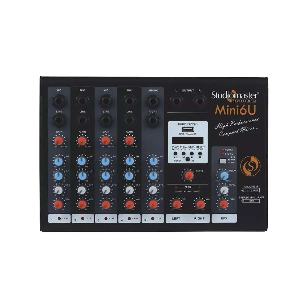 Studiomaster Sound DJ Mixer 19x24x9 cm 25 Hz - 19 kHz Bluetooth & USB 2-Band EQ per Channel for Party & Clubs Use, Mini 6U
