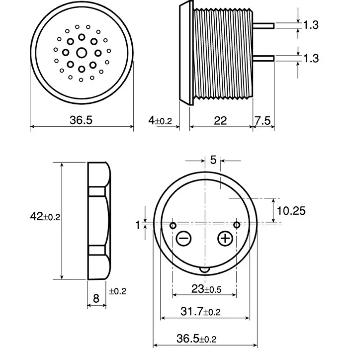 Sonitron 87dB Panel Mount Continuous Internal Buzzer 36.5x26 mm 2 V DC Min 35 V DC Max, SC235B