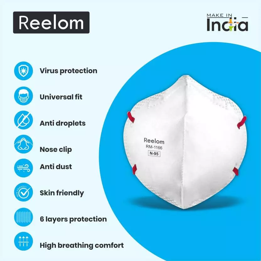 Reelom RM-1166 N95 6 Layer Protection Headloop Cloth Mask White (Pack of 20)