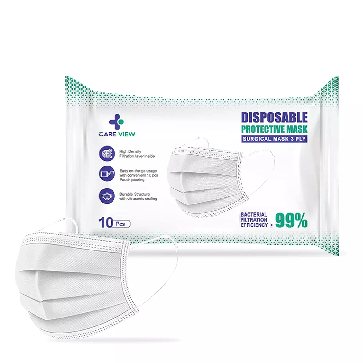 CARE VIEW CV-3PLY-WHITE-POUCH-200 Disposable Mask ( Pack of 200)