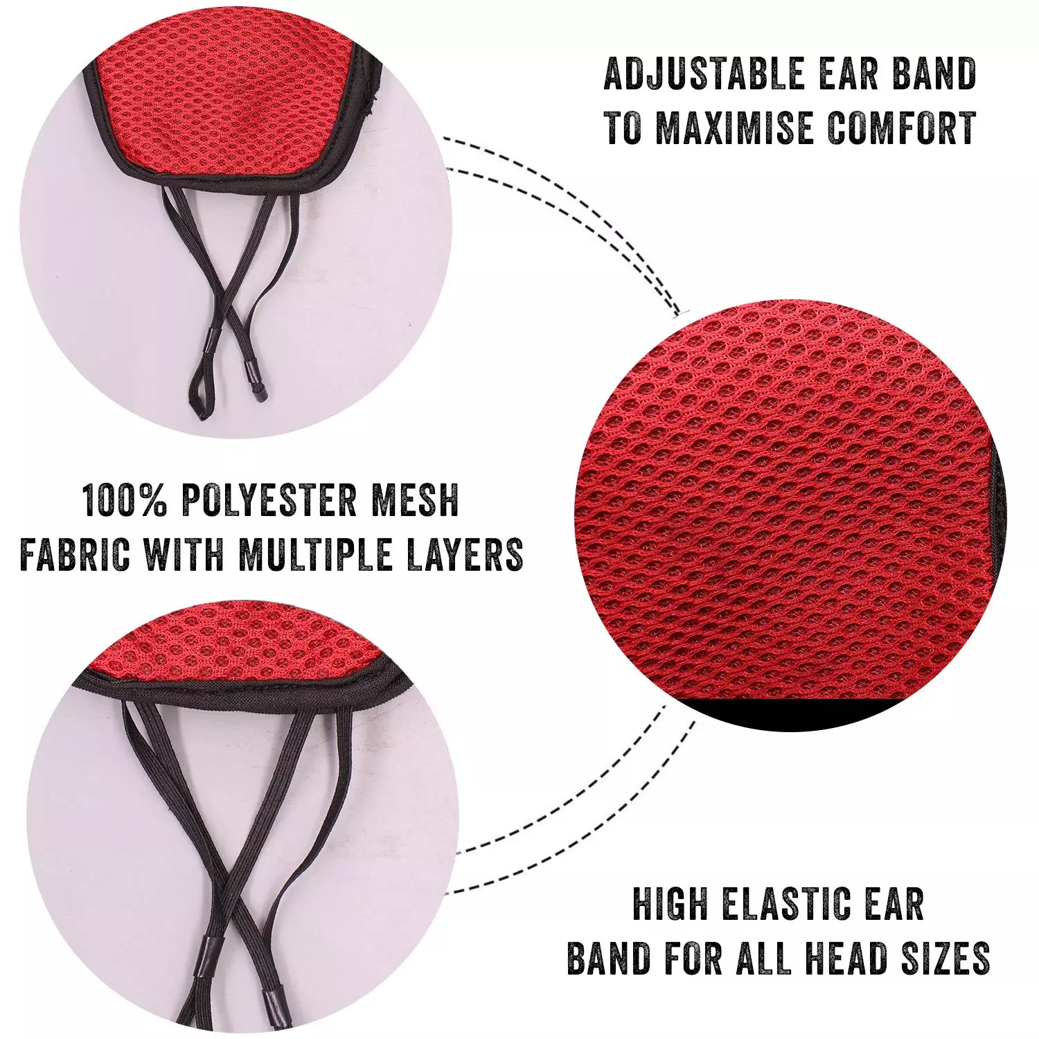 Oriley ORSM23 Air Mesh 3 Layer Face Mask with Adjustable Headband Red (Pack of 5 Pcs)
