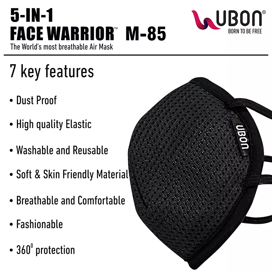 Ubon M-85-2 3 Layer Cotton Reusable Face Mask Black (Pack of 2 Pcs)