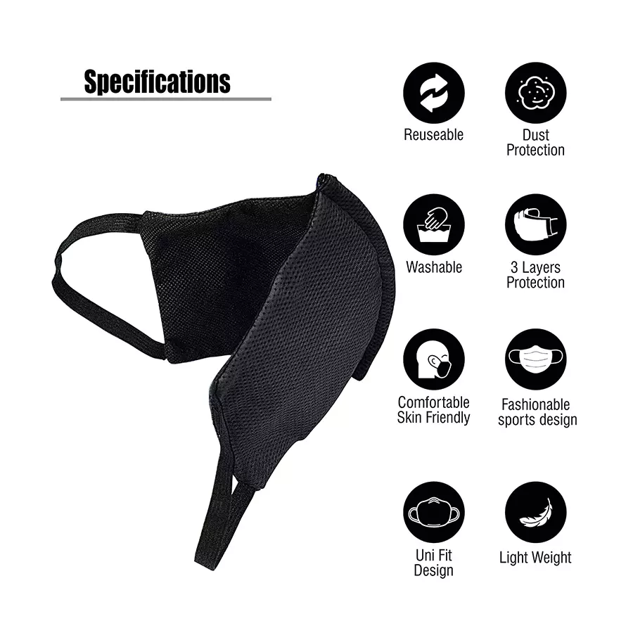 Ubon M-100-6 3 Layer Cotton Reusable Face Mask Black (Pack of 10 Pcs)