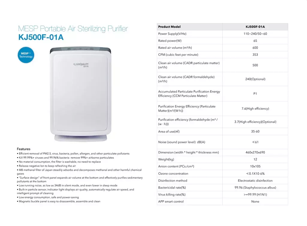 MESP Portable Air Sterilizing Purifier With Washable Filter with No Filter Change