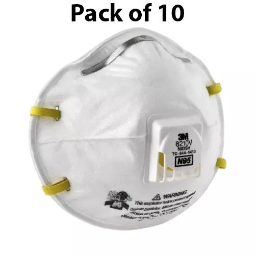 3M Particulate Respirator with Exhalation Valve Cup Type N95 Class White Free Size, 8210 V (Pack of 10)