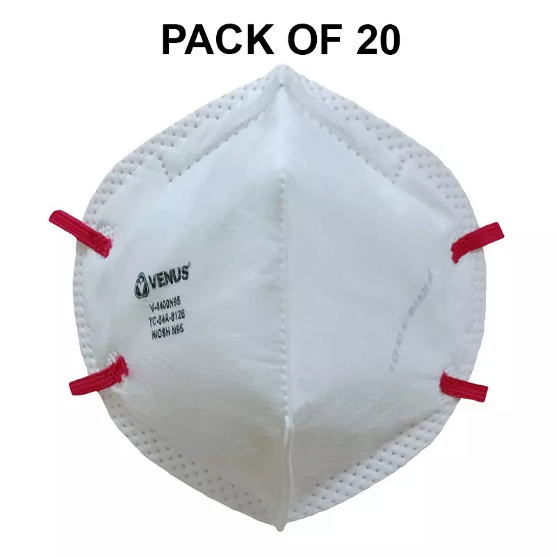 Venus N95 Universal Fit Nose Mask Flat Fold Welded Head Strap C-Shaped White for Pollution Dust Protection Use, V-4400 (Pack of 20 Pcs)