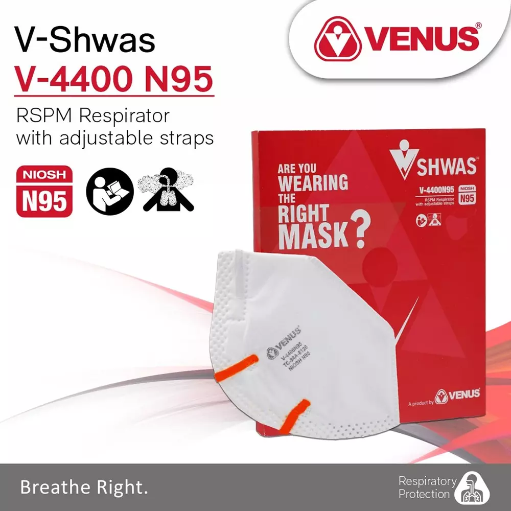 Venus N95 Universal Fit Nose Mask Flat Fold Welded Head Strap C-Shaped White for Pollution Dust Protection Use, V-4400 (Pack of 20 Pcs)