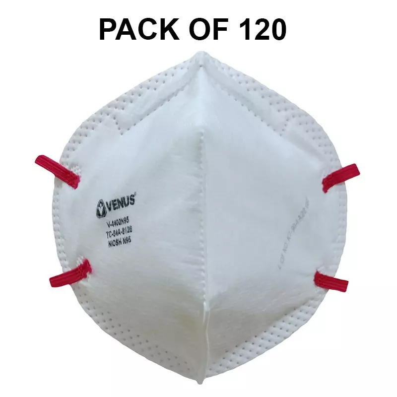 Venus N95 Universal Fit Nose Mask Flat Fold Welded Head Strap C-Shaped White for Pollution Dust Protection Use, V-4400 (Pack of 120 Pcs)