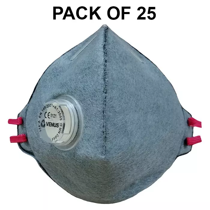 Venus FFP2 NR D Universal Fit Nose Mask with Volv Embedded Nose Clip C-Shaped Grey for Pollution Dust Protection Use, V-425 (Pack of 25 Pcs)