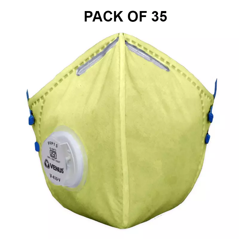 Venus FFP1-S Universal Fit Nose Mask with Volv Embedded Aluminium Nose Clip C-Shaped Yellow for Pollution Dust Protection Use, V-410 (Pack of 35 Pcs)