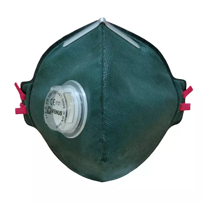 Venus FFP2 NR D Universal Fit Nose Mask with Volv Embedded Aluminium Nose Clip Flat Fold Green for Pollution Dust Protection Use, V-414 (Pack of 50 Pcs)