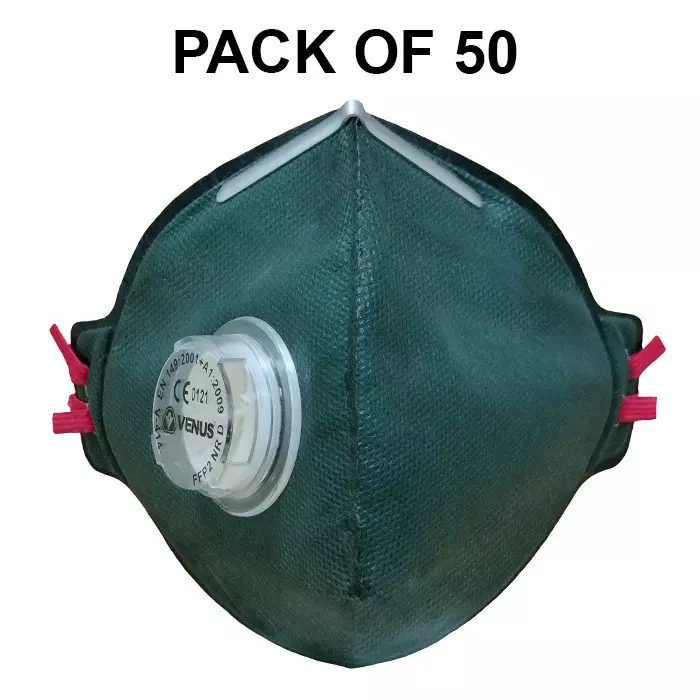 Venus FFP2 NR D Universal Fit Nose Mask with Volv Embedded Aluminium Nose Clip Flat Fold Green for Pollution Dust Protection Use, V-414 (Pack of 50 Pcs)