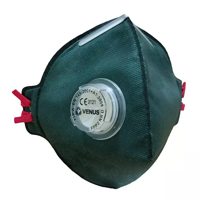 Venus FFP2 NR D Universal Fit Nose Mask with Volv Embedded Aluminium Nose Clip Flat Fold Green for Pollution Dust Protection Use, V-414 (Pack of 50 Pcs)