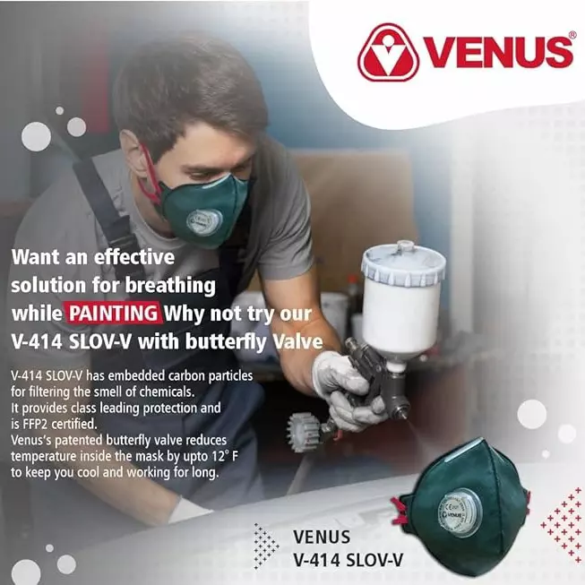 Venus FFP2 NR D Universal Fit Nose Mask with Volv Embedded Aluminium Nose Clip Flat Fold Green for Pollution Dust Protection Use, V-414 (Pack of 50 Pcs)