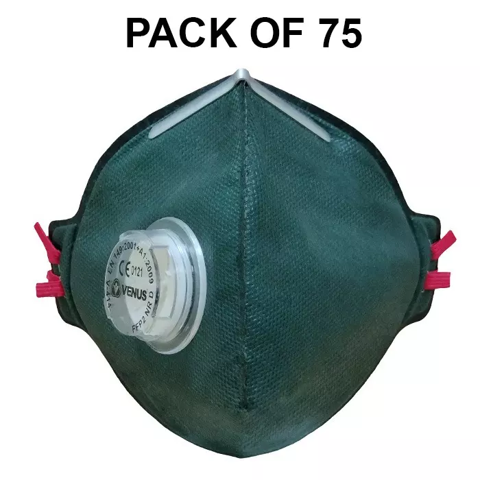 Venus FFP2 NR D Universal Fit Nose Mask with Volv Embedded Aluminium Nose Clip Flat Fold Green for Pollution Dust Protection Use, V-414 (Pack of 75 Pcs)
