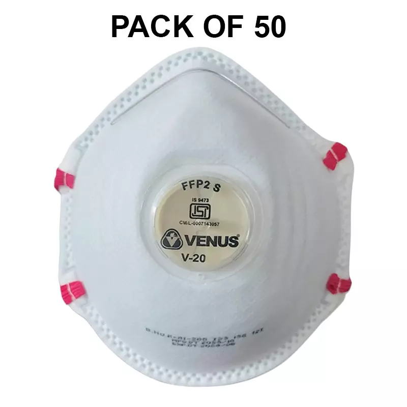 Venus FFP2 S Universal Fit Nose Mask with Volv White Dual Shell Design for Pollution Dust Protection Use, V-20 (Pack of 50 Pcs)