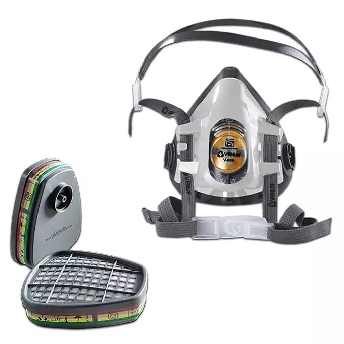 Venus V-900 Half Face Mask Respirator with V-7900 ABEK1 Multigas Reusable Filter Catrige Soft Thermoplastic Elastomer Grey