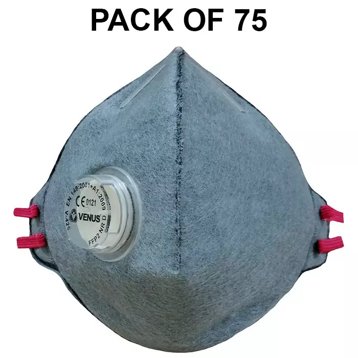 Venus FFP2 NR D Universal Fit Nose Mask with Volv Embedded Nose Clip C-Shaped Grey for Pollution Dust Protection Use, V-425 (Pack of 75 Pcs)