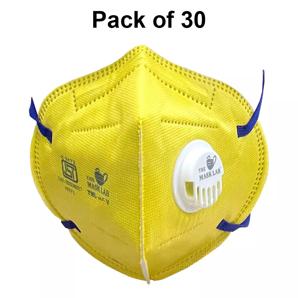 The Mask Lab Face Mask With Valve C Shape Polypropylene Head Loop Yellow for Industrial Safety & Medical Purpose, TML-02-V 30 Pcs